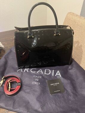 Arcadia Black Patent Satchel with Red Trim Strap